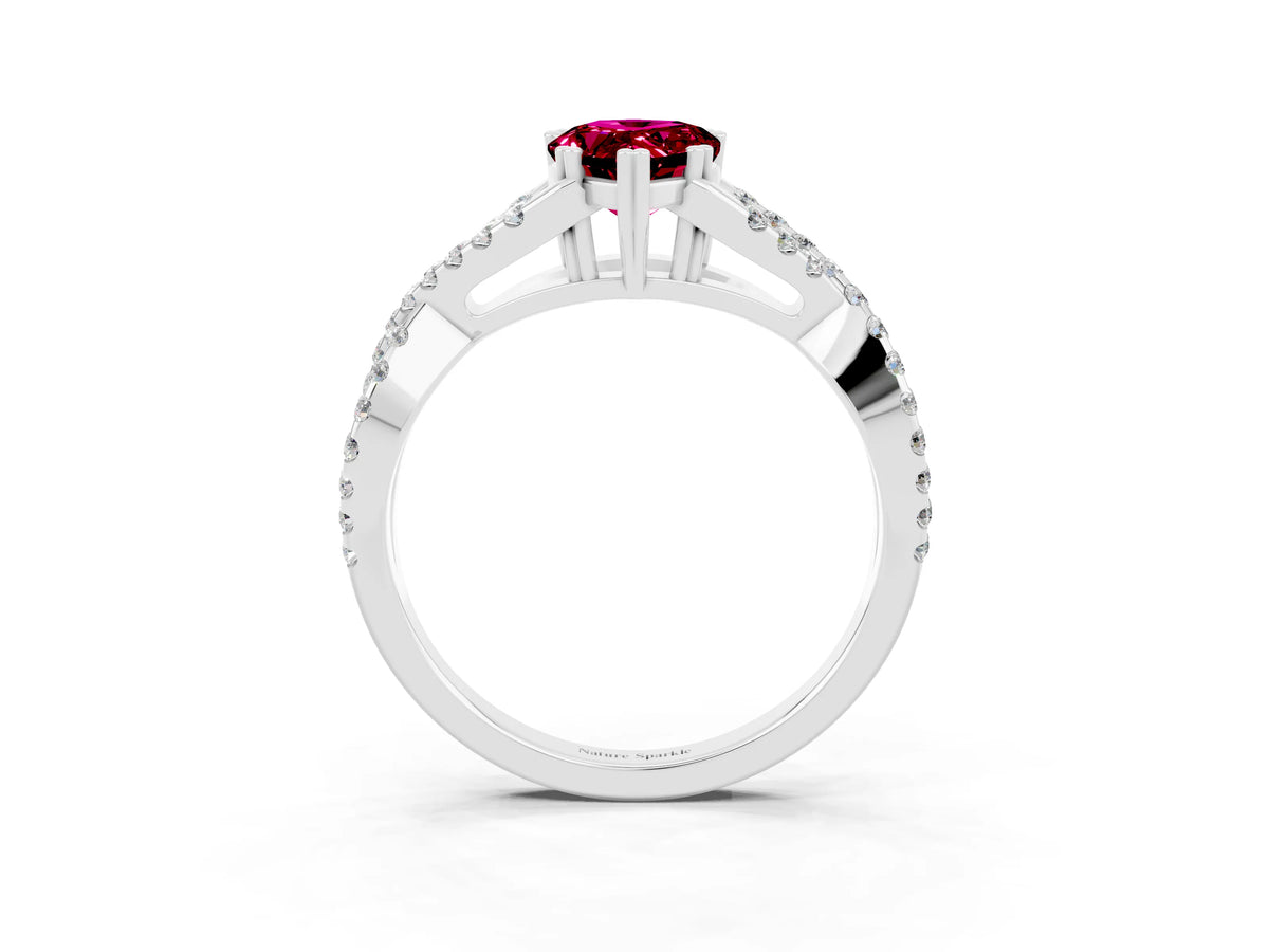 Pear Cut Garnet Solitaire Ring in White gold with Interwoven Pavé Band and Prong Setting_3