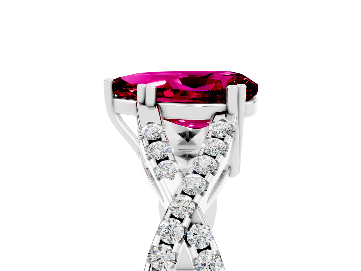 Pear Cut Garnet Solitaire Ring in White gold with Interwoven Pavé Band and Prong Setting_5