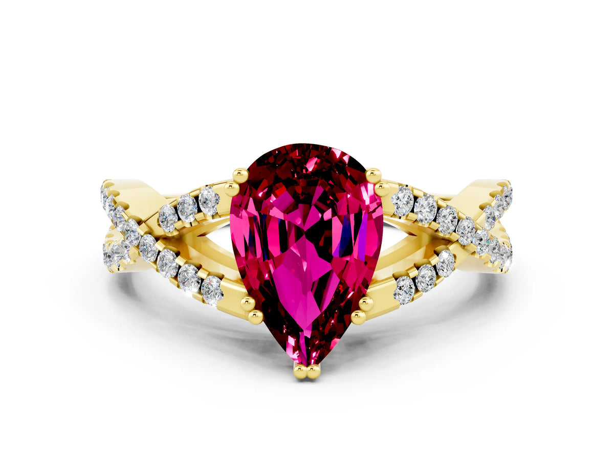 Pear Cut Garnet Solitaire Ring in Yellow gold with Interwoven Pavé Band and Prong Setting
