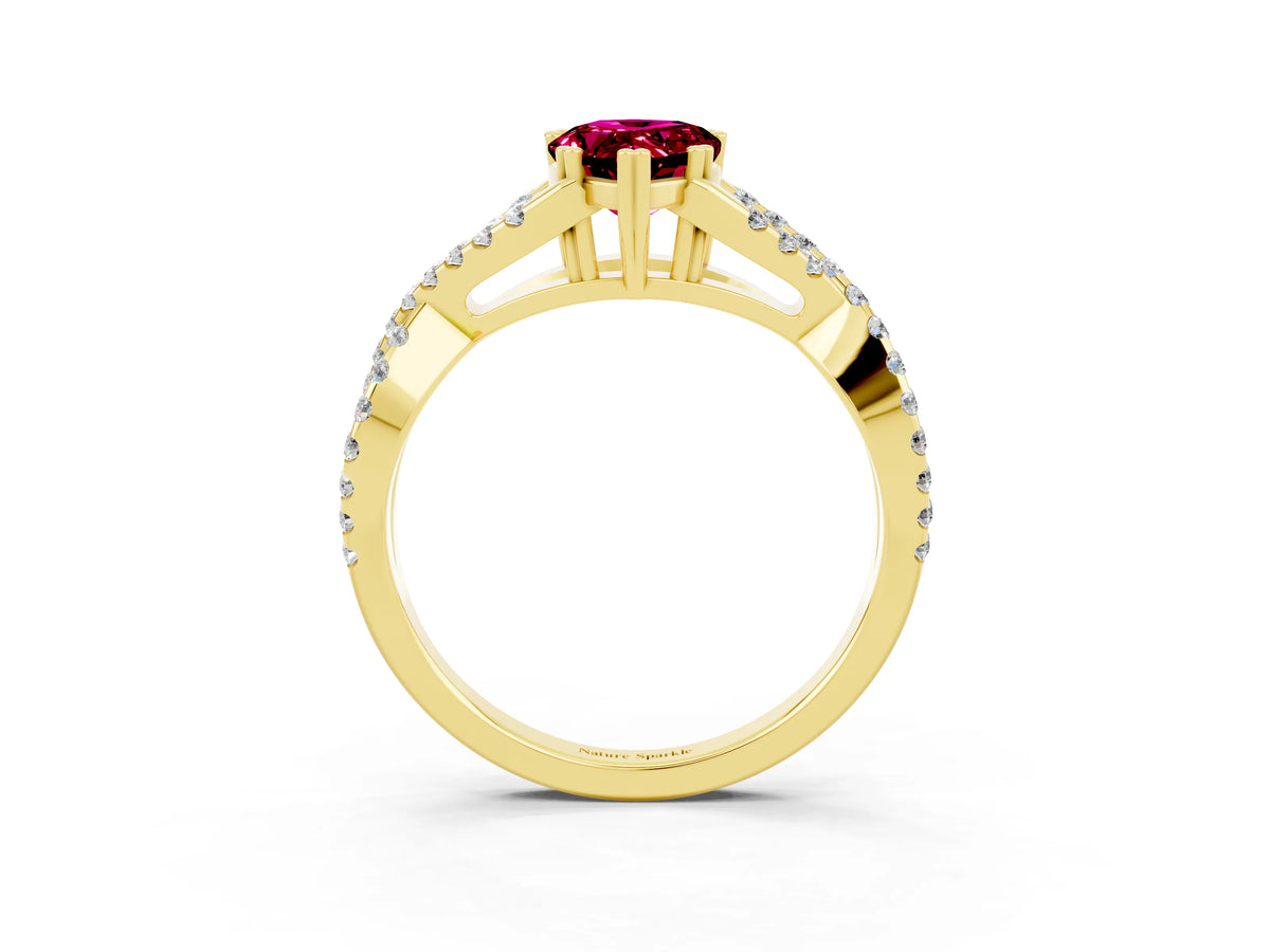 Pear Cut Garnet Solitaire Ring in Yellow gold with Interwoven Pavé Band and Prong Setting_3