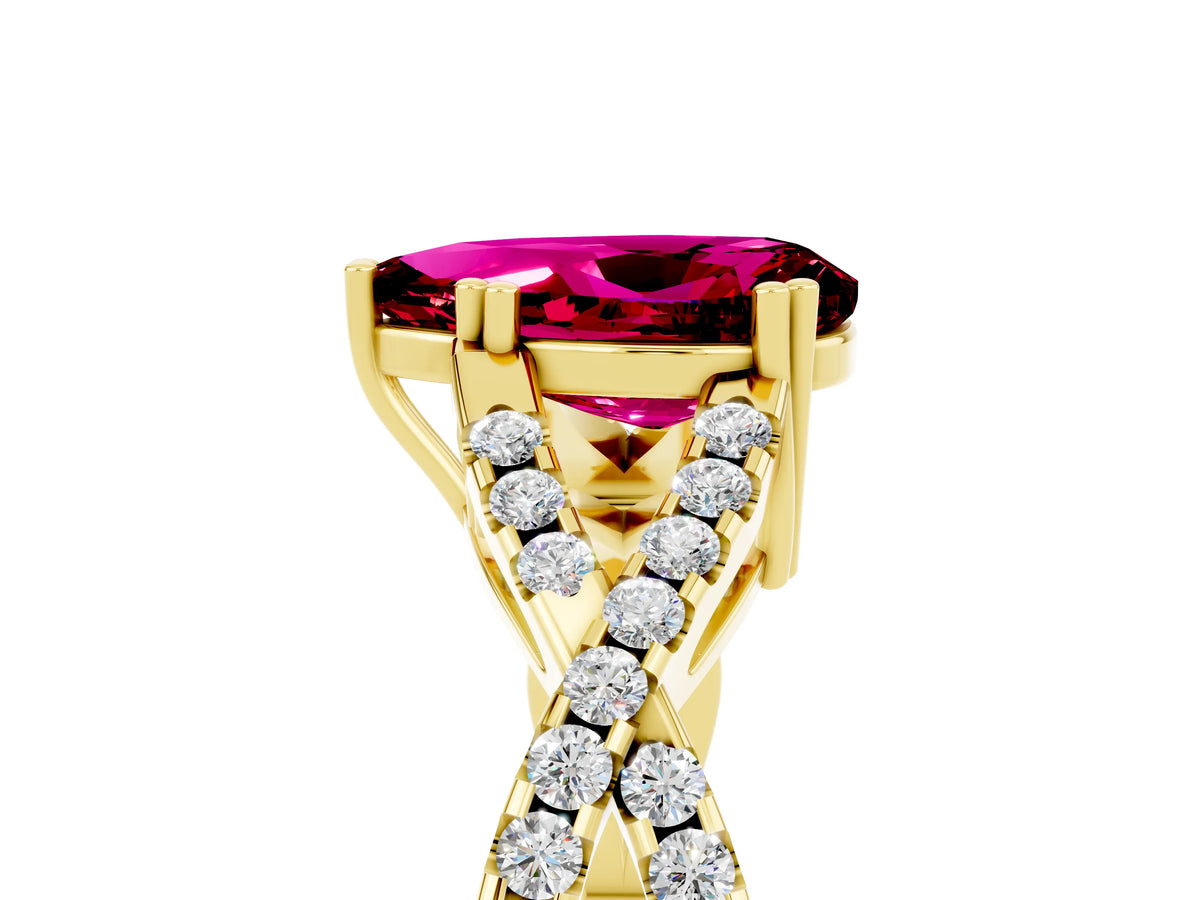 Pear Cut Garnet Solitaire Ring in Yellow gold with Interwoven Pavé Band and Prong Setting_5