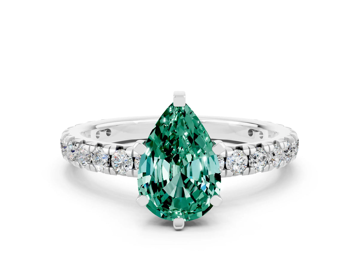 Pear Cut Green Sapphire Pavé Solitaire Ring in White gold with Round Pavé Band and Prong Setting