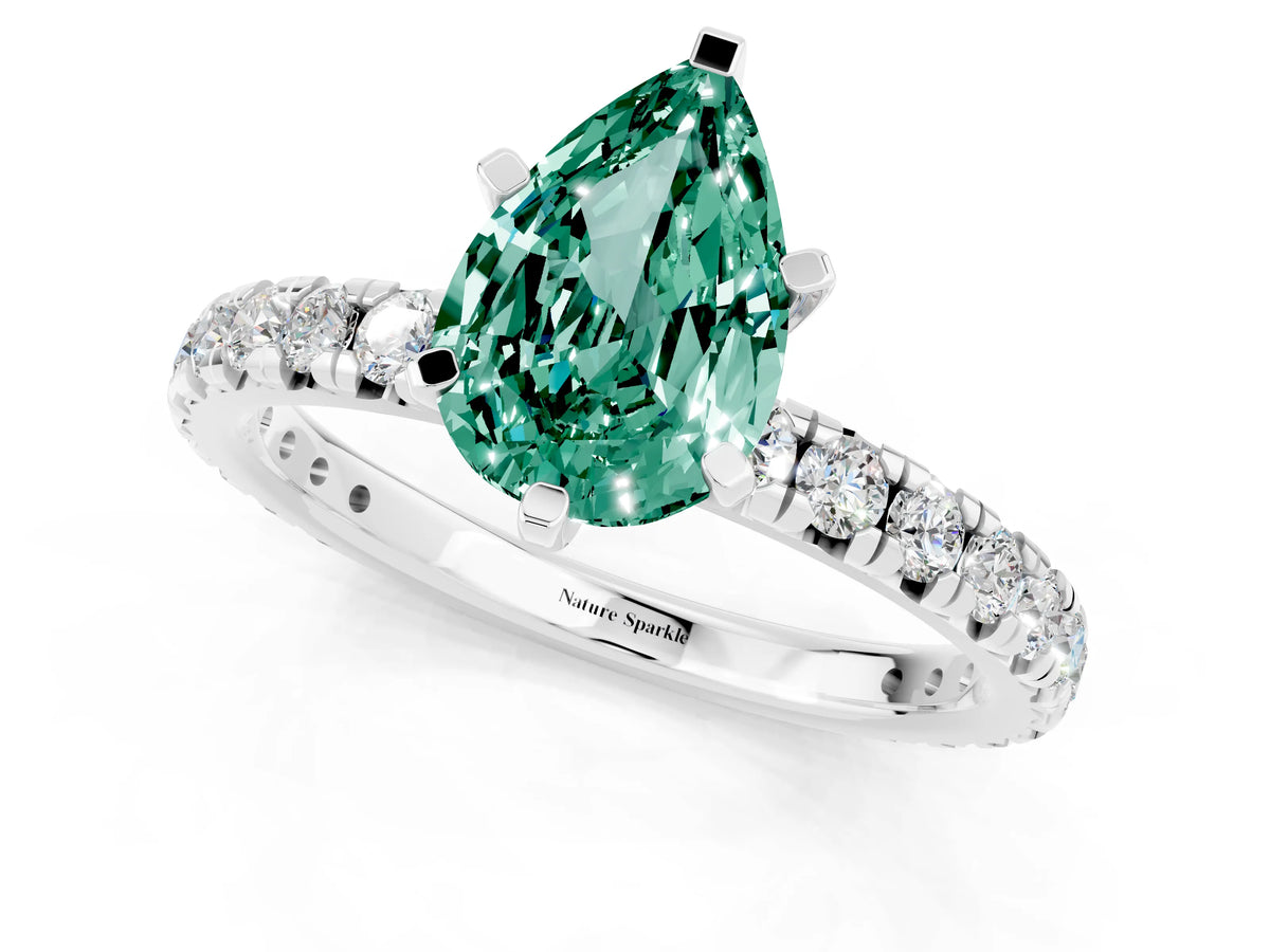 Pear Cut Green Sapphire Pavé Solitaire Ring in White gold with Round Pavé Band and Prong Setting_1
