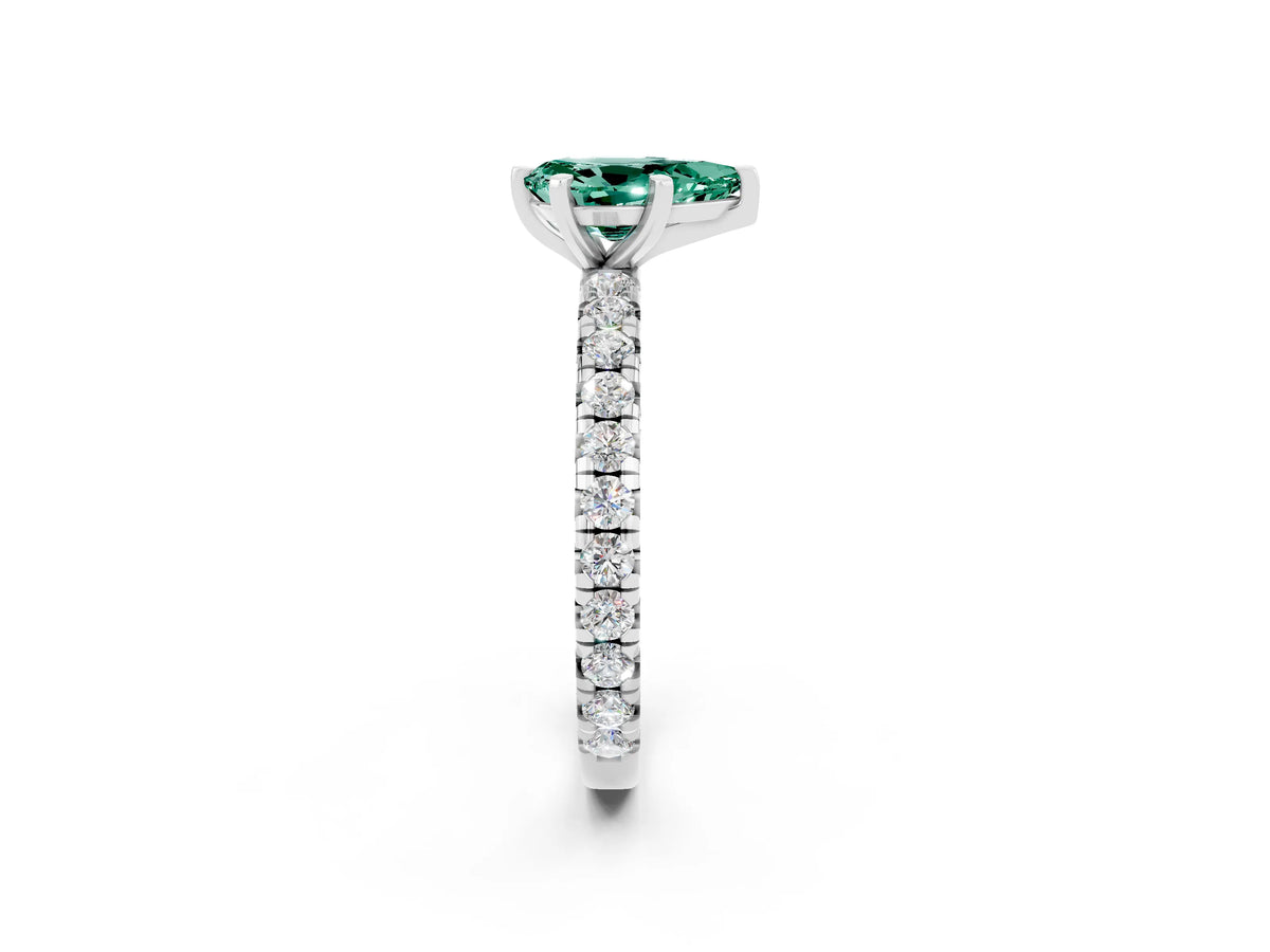 Pear Cut Green Sapphire Pavé Solitaire Ring in White gold with Round Pavé Band and Prong Setting_2