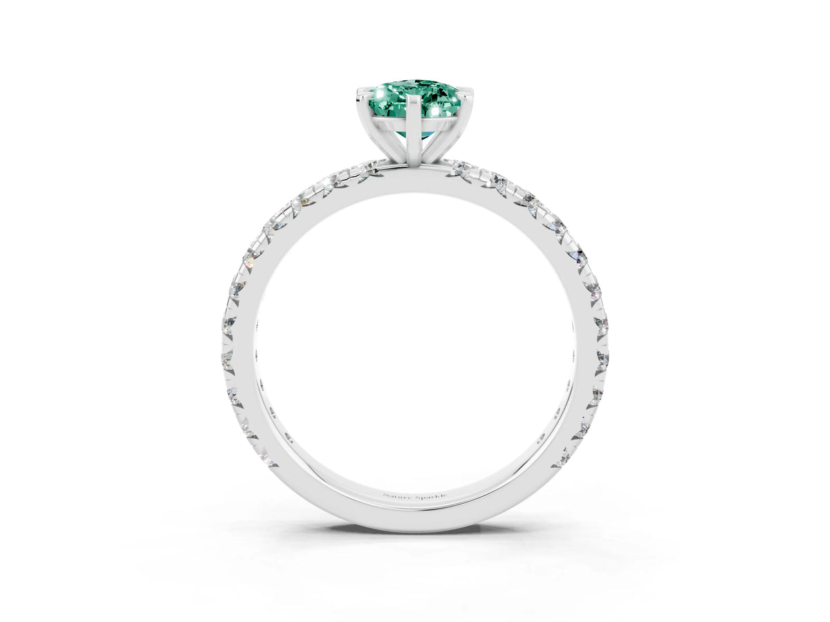 Pear Cut Green Sapphire Pavé Solitaire Ring in White gold with Round Pavé Band and Prong Setting_3