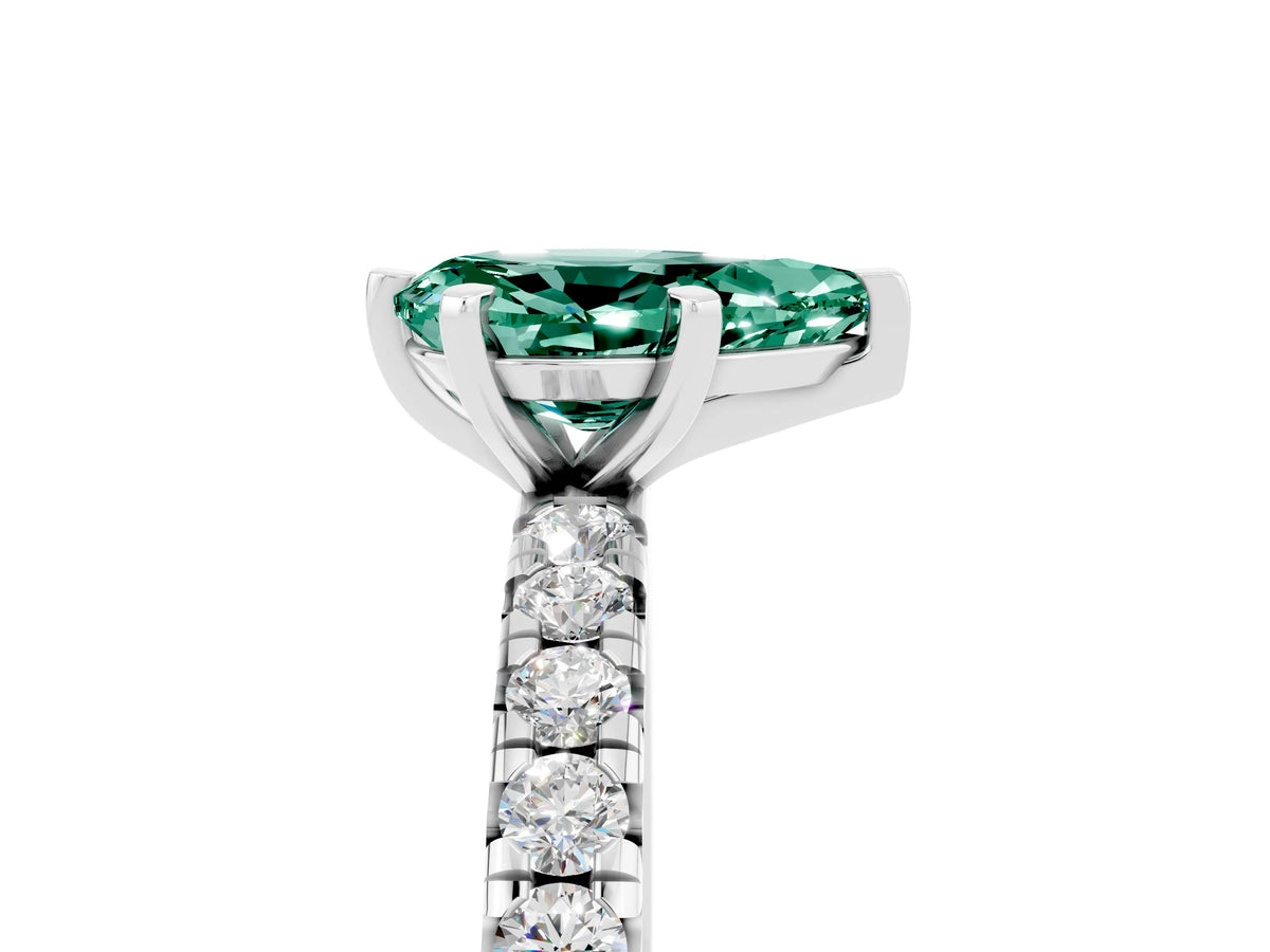 Pear Cut Green Sapphire Pavé Solitaire Ring in White gold with Round Pavé Band and Prong Setting_5