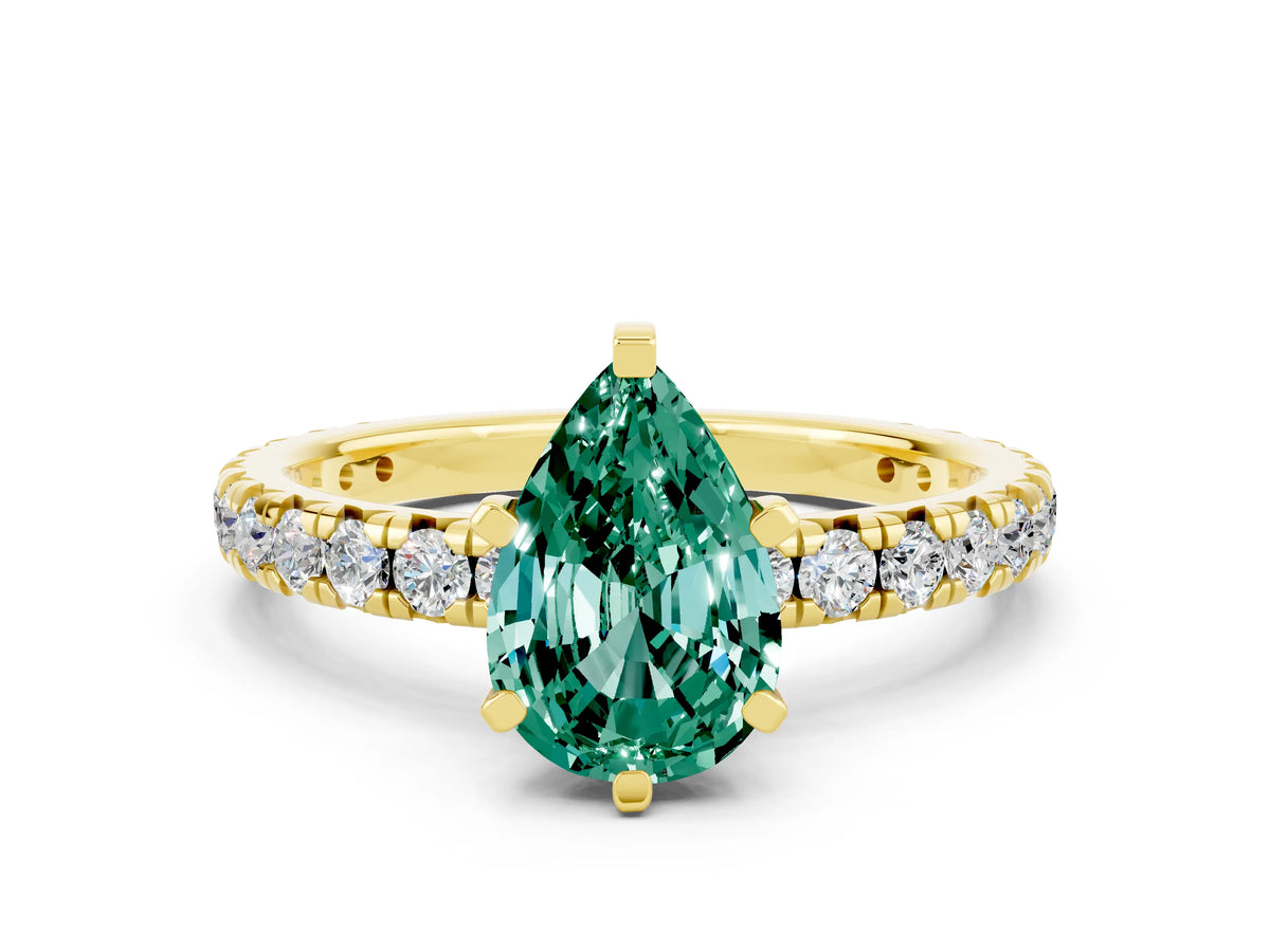 Pear Cut Green Sapphire Pavé Solitaire Ring in Yellow gold with Round Pavé Band and Prong Setting