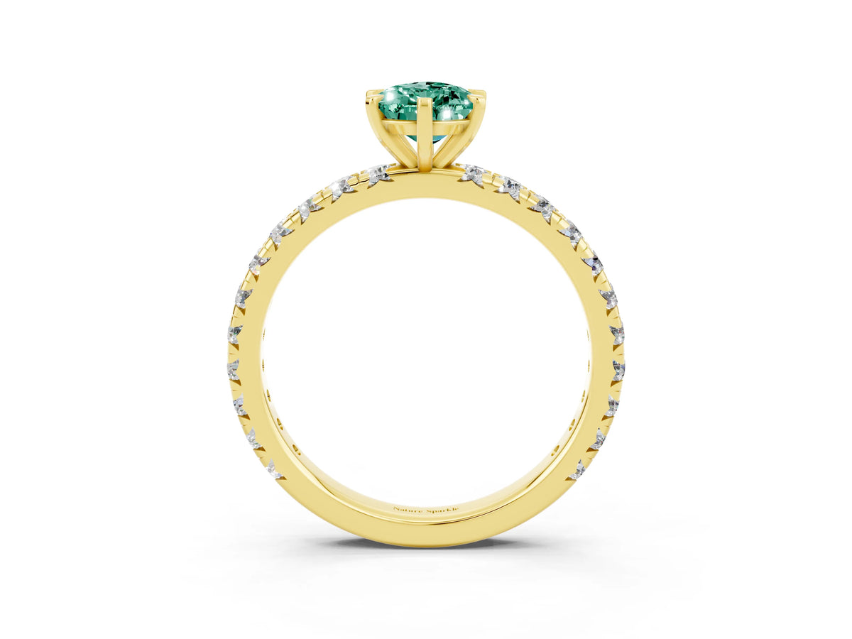 Pear Cut Green Sapphire Pavé Solitaire Ring in Yellow gold with Round Pavé Band and Prong Setting_3