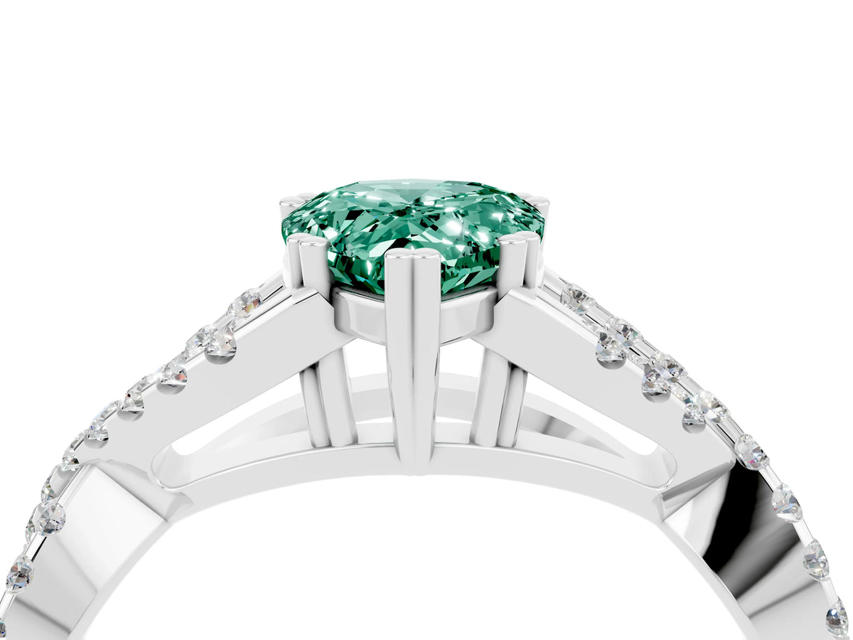Pear Cut Green Sapphire Solitaire Ring in Platinum with Interwoven Pavé Band and Prong Setting_10