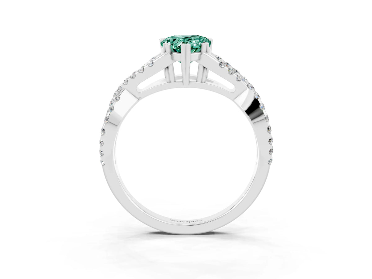 Pear Cut Green Sapphire Solitaire Ring in Platinum with Interwoven Pavé Band and Prong Setting_9