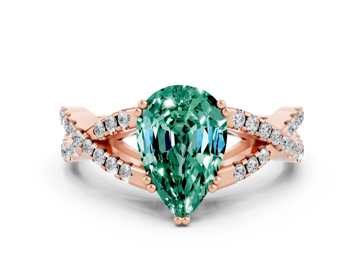 Pear Cut Green Sapphire Solitaire Ring in Rose gold with Interwoven Pavé Band and Prong Setting