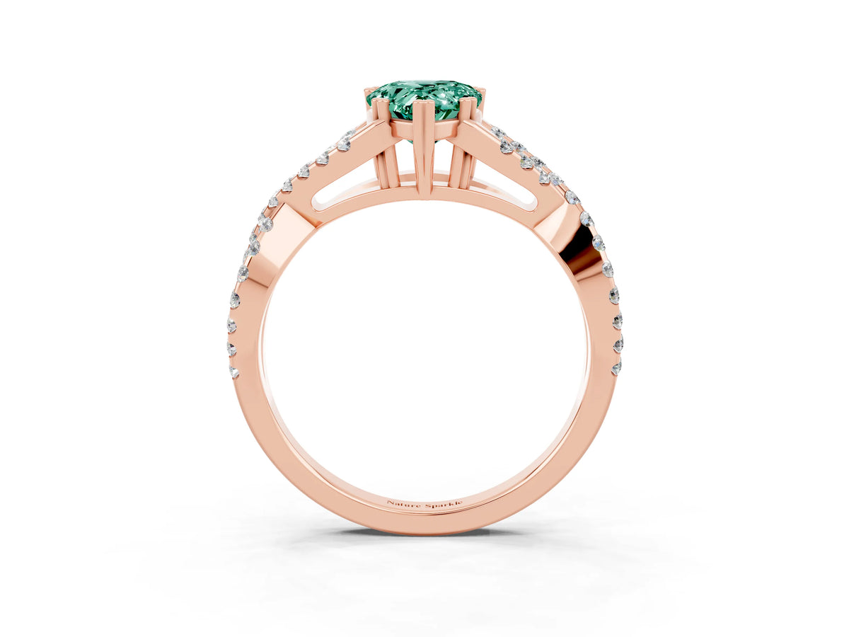 Pear Cut Green Sapphire Solitaire Ring in Rose gold with Interwoven Pavé Band and Prong Setting_3