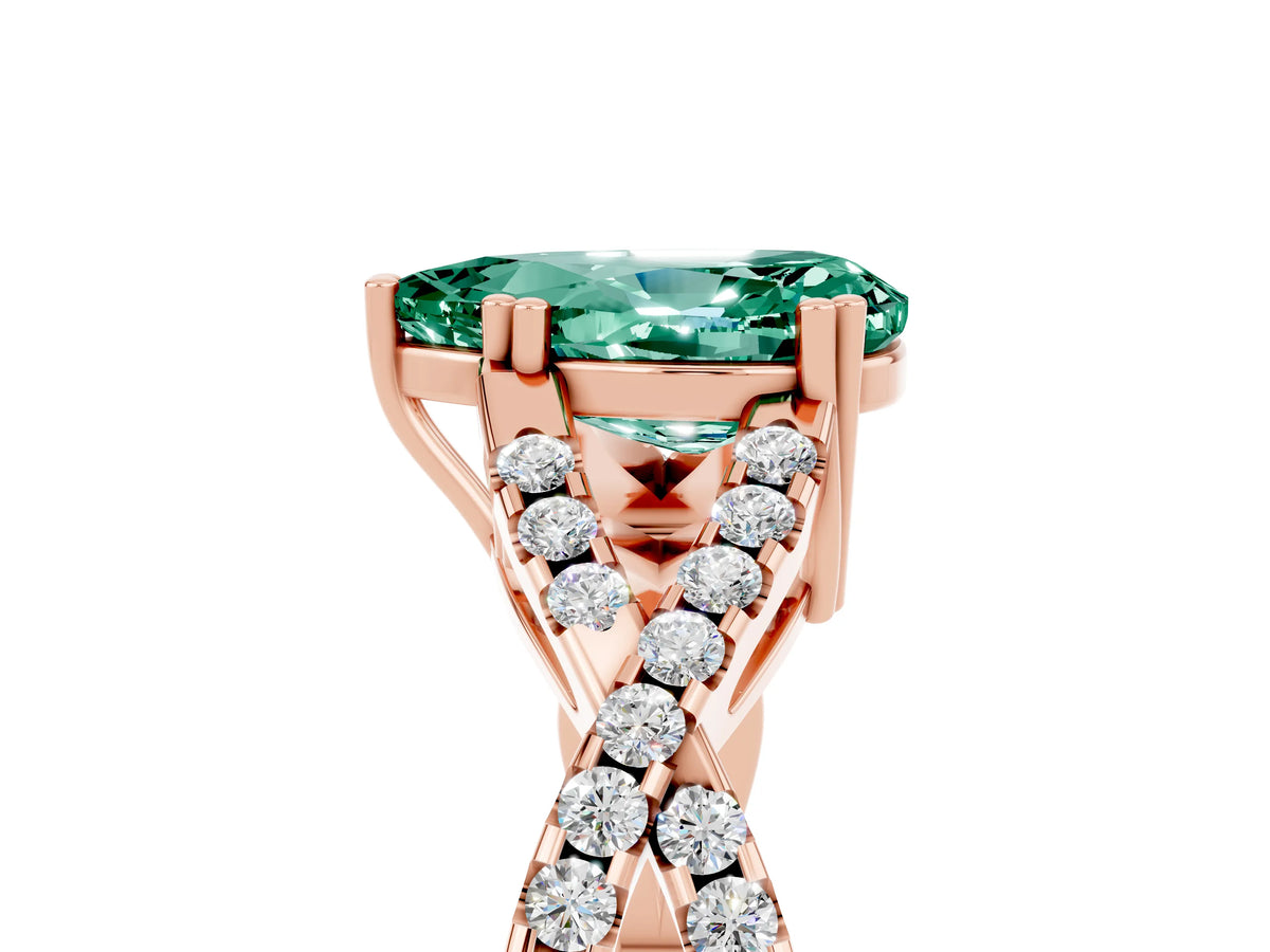Pear Cut Green Sapphire Solitaire Ring in Rose gold with Interwoven Pavé Band and Prong Setting_5