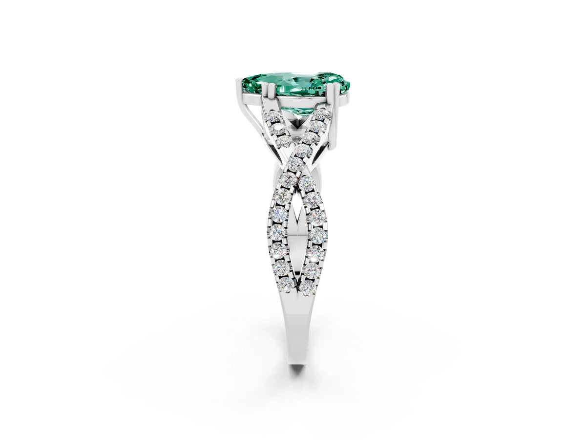 Pear Cut Green Sapphire Solitaire Ring in White gold with Interwoven Pavé Band and Prong Setting_2