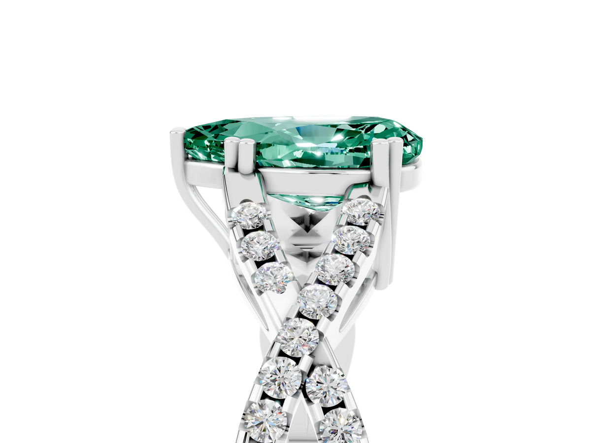 Pear Cut Green Sapphire Solitaire Ring in White gold with Interwoven Pavé Band and Prong Setting_5