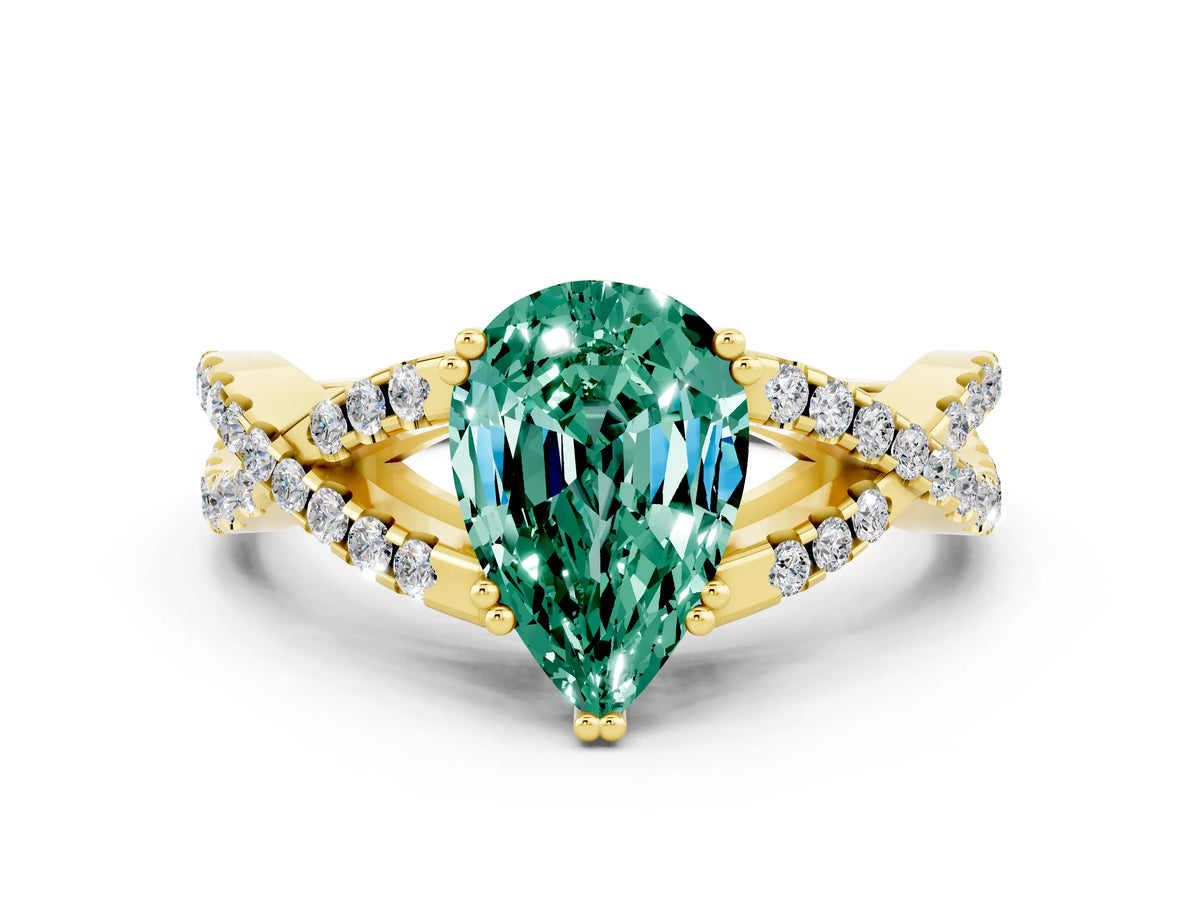 Pear Cut Green Sapphire Solitaire Ring in Yellow gold with Interwoven Pavé Band and Prong Setting