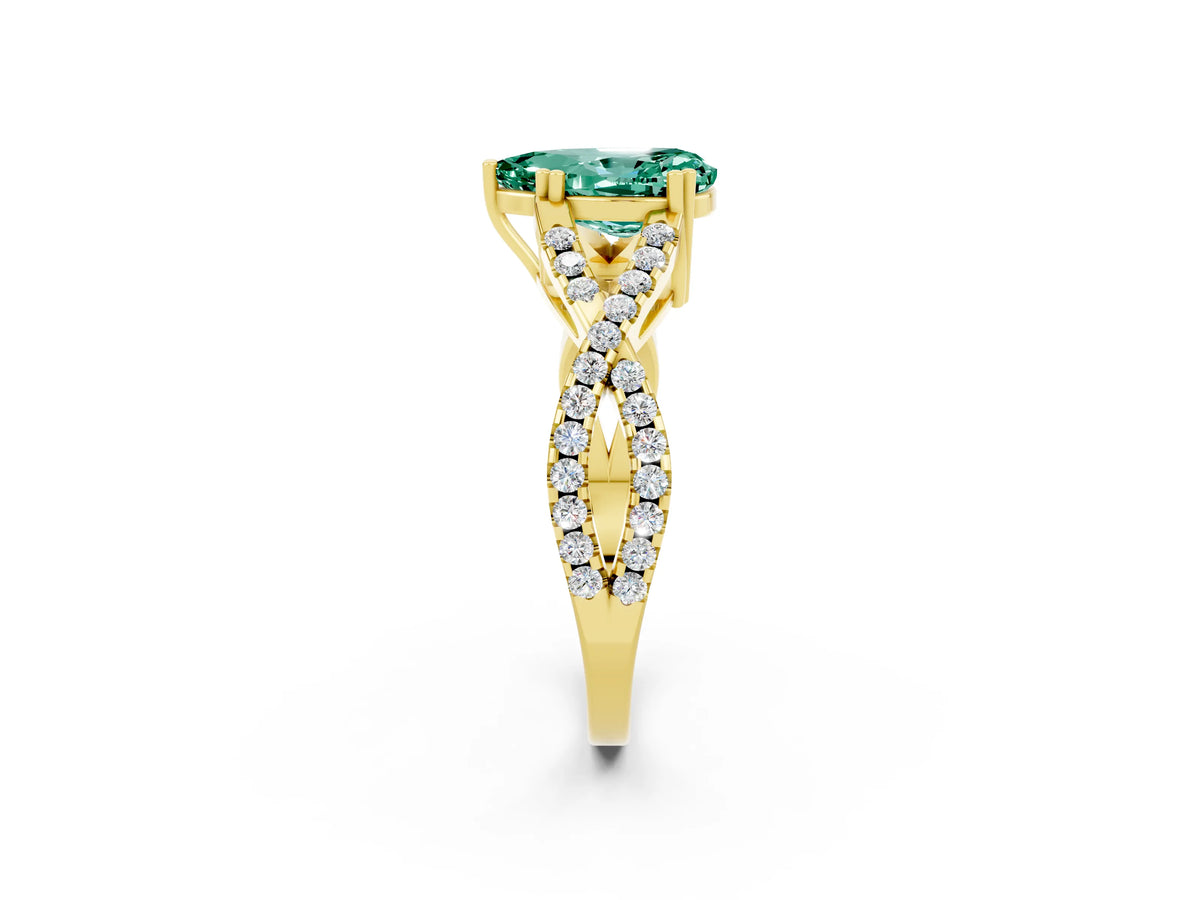 Pear Cut Green Sapphire Solitaire Ring in Yellow gold with Interwoven Pavé Band and Prong Setting_2