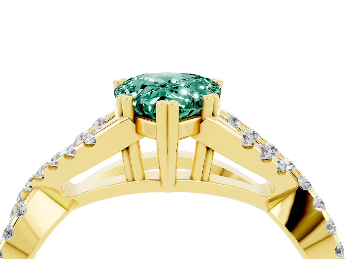 Pear Cut Green Sapphire Solitaire Ring in Yellow gold with Interwoven Pavé Band and Prong Setting_4