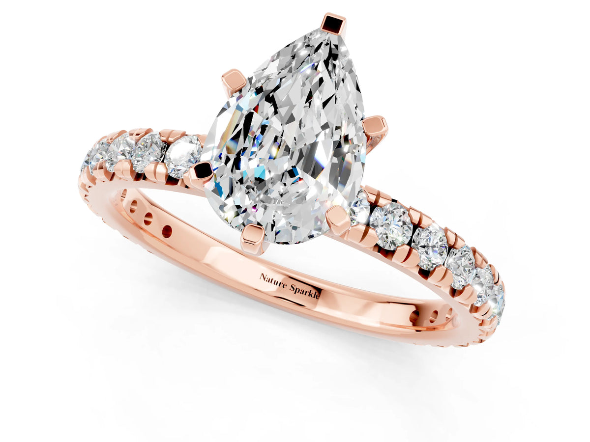 Pear Cut Moissanite Pavé Solitaire Ring in Rose gold with Round Pavé Band and Prong Setting_1
