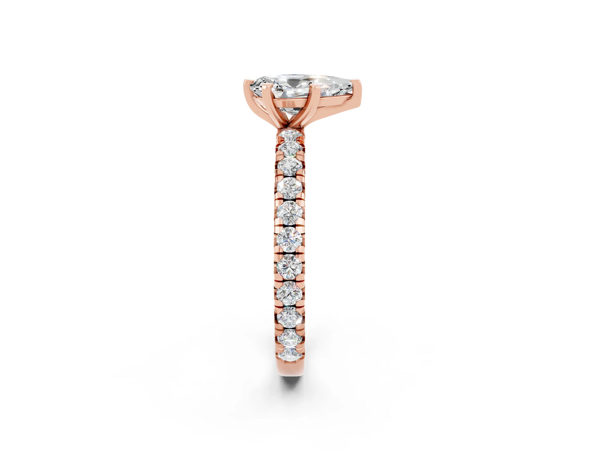 Pear Cut Moissanite Pavé Solitaire Ring in Rose gold with Round Pavé Band and Prong Setting_2