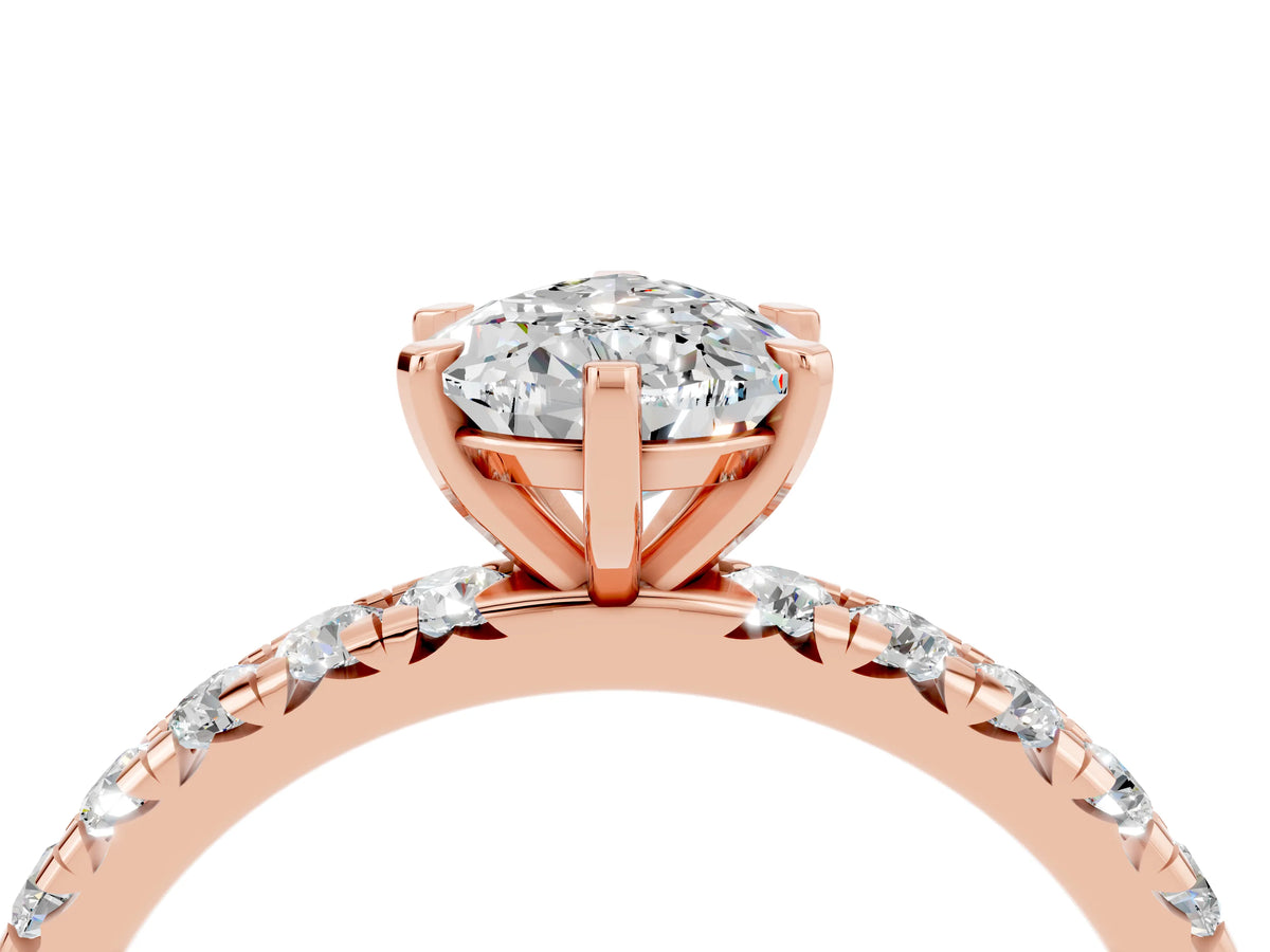 Pear Cut Moissanite Pavé Solitaire Ring in Rose gold with Round Pavé Band and Prong Setting_4