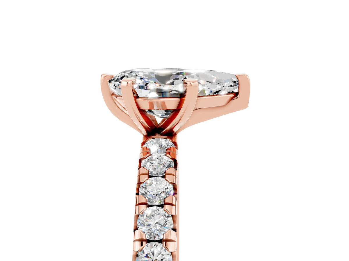Pear Cut Moissanite Pavé Solitaire Ring in Rose gold with Round Pavé Band and Prong Setting_5