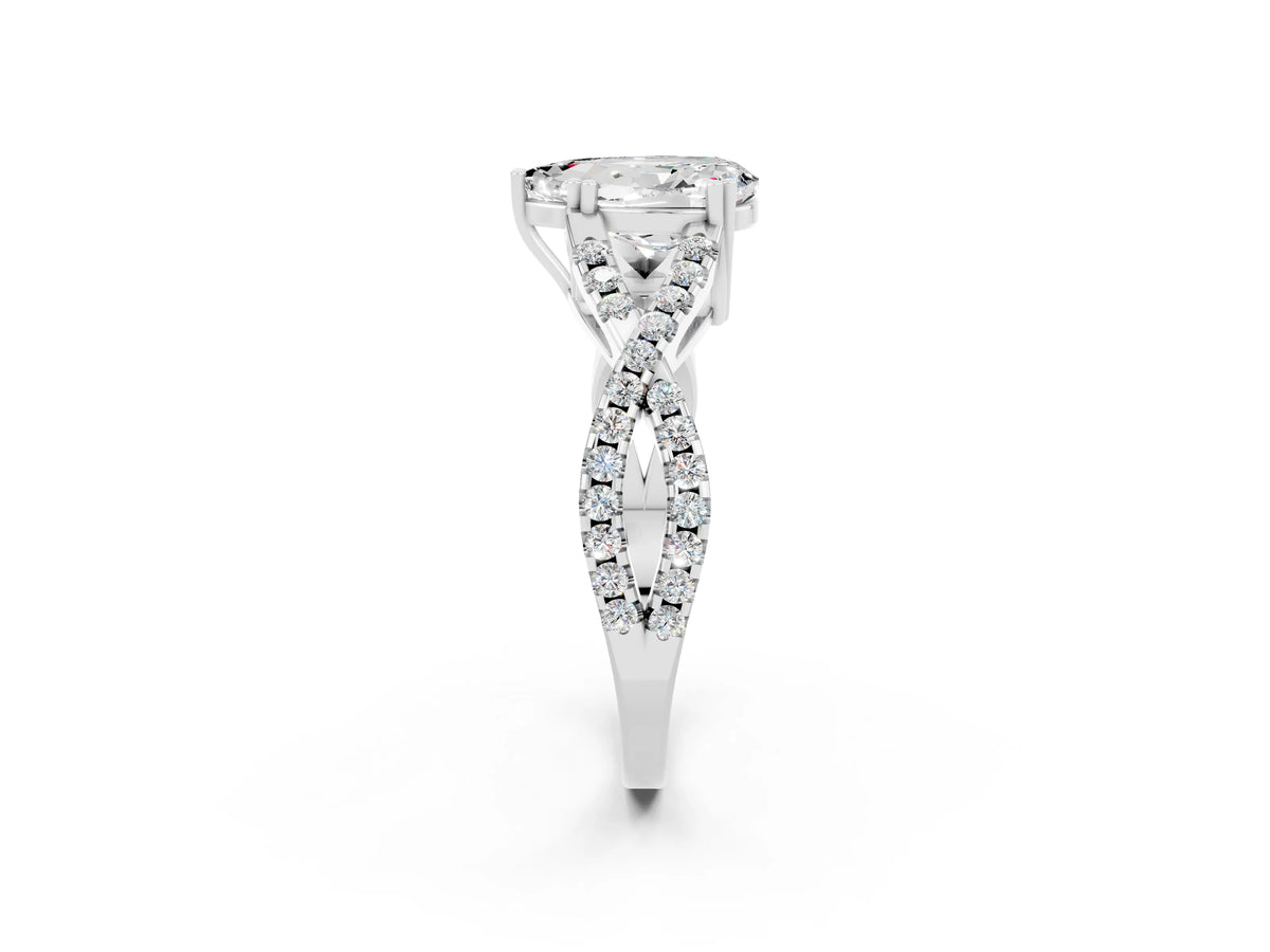 Pear Cut Moissanite Solitaire Ring in Platinum with Interwoven Pavé Band and Prong Setting_8