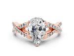 Pear Cut Moissanite Solitaire Ring in Rose gold with Interwoven Pavé Band and Prong Setting