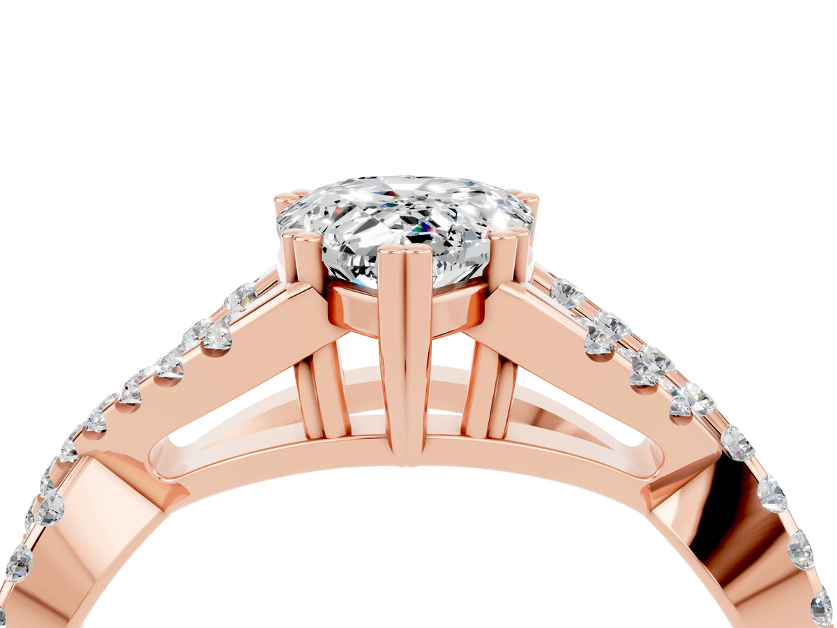 Pear Cut Moissanite Solitaire Ring in Rose gold with Interwoven Pavé Band and Prong Setting_4