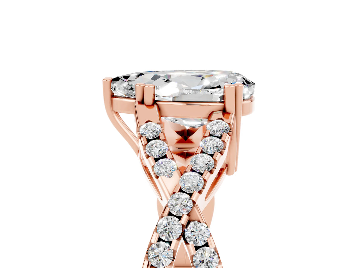 Pear Cut Moissanite Solitaire Ring in Rose gold with Interwoven Pavé Band and Prong Setting_5