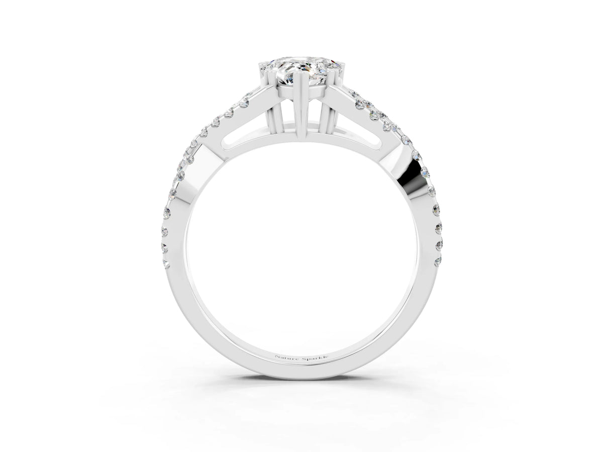 Pear Cut Moissanite Solitaire Ring in White gold with Interwoven Pavé Band and Prong Setting_3