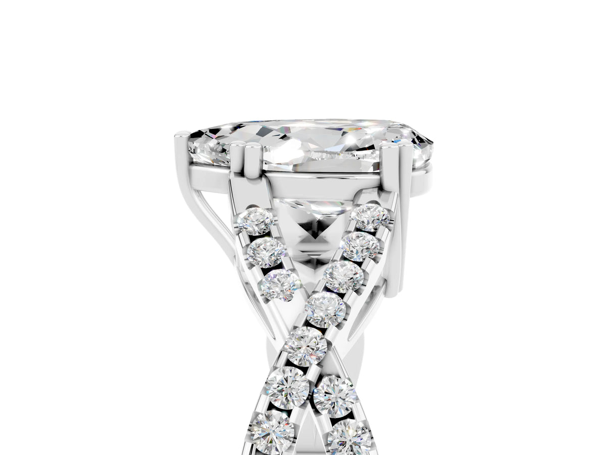 Pear Cut Moissanite Solitaire Ring in White gold with Interwoven Pavé Band and Prong Setting_5
