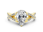 Pear Cut Moissanite Solitaire Ring in Yellow gold with Interwoven Pavé Band and Prong Setting