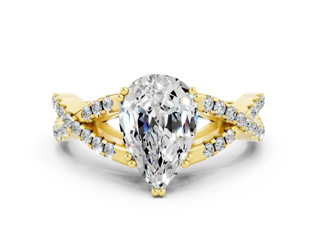Pear Cut Moissanite Solitaire Ring in Yellow gold with Interwoven Pavé Band and Prong Setting
