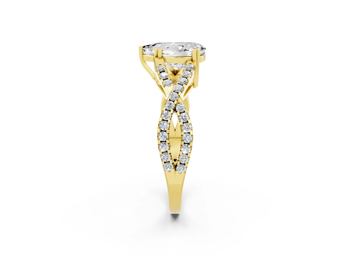 Pear Cut Moissanite Solitaire Ring in Yellow gold with Interwoven Pavé Band and Prong Setting_2