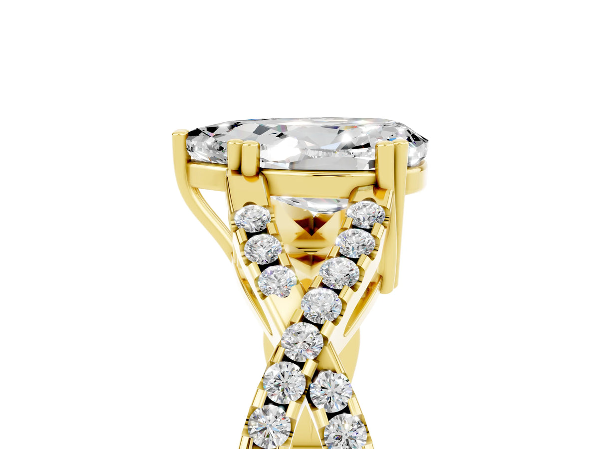Pear Cut Moissanite Solitaire Ring in Yellow gold with Interwoven Pavé Band and Prong Setting_5