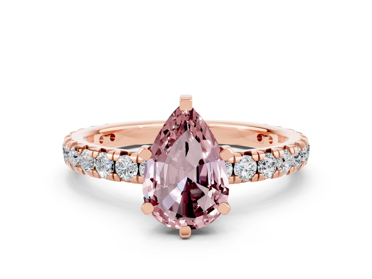 Pear Cut Morganite Pavé Solitaire Ring in Rose gold with Round Pavé Band and Prong Setting