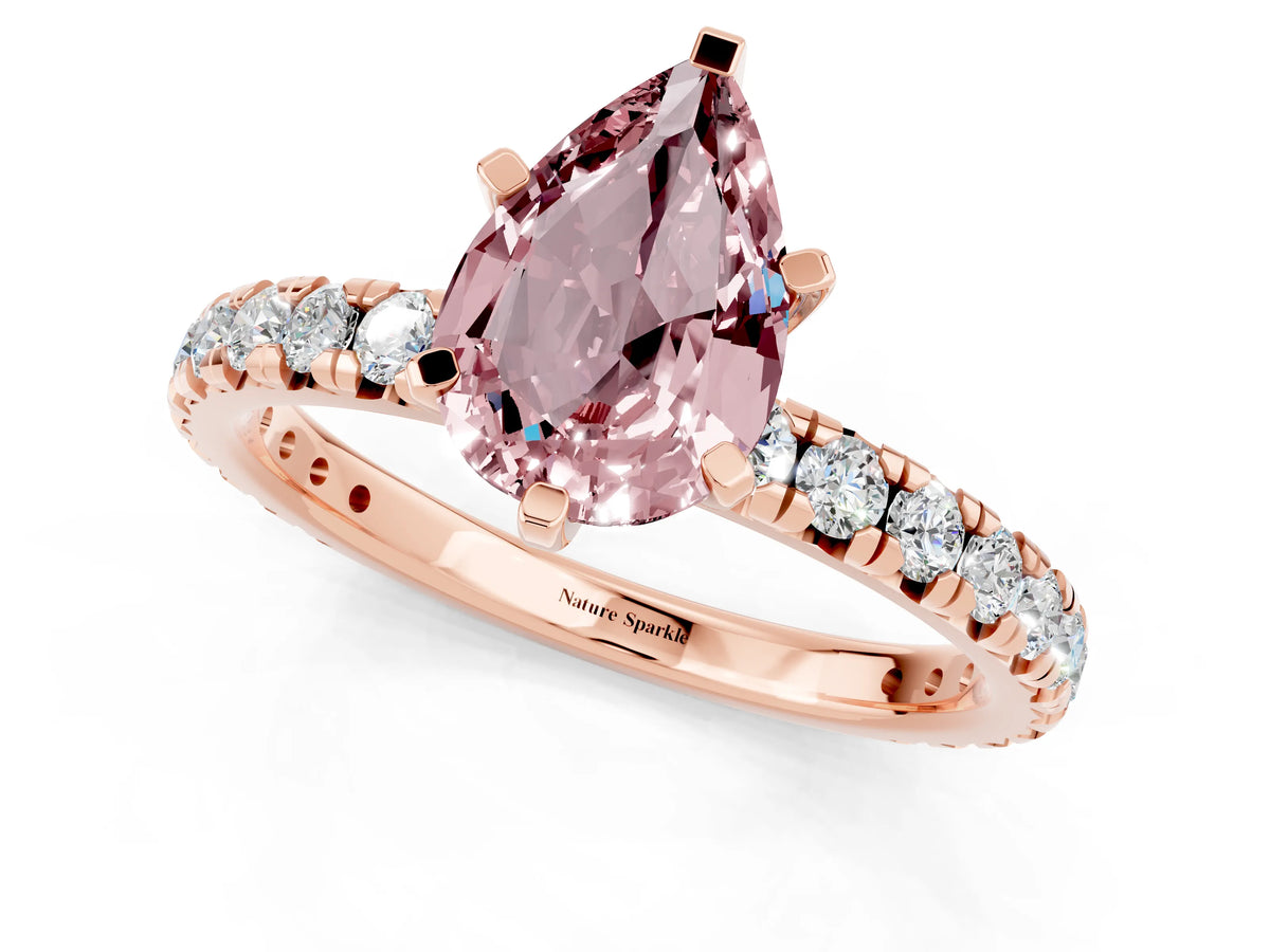 Pear Cut Morganite Pavé Solitaire Ring in Rose gold with Round Pavé Band and Prong Setting_1