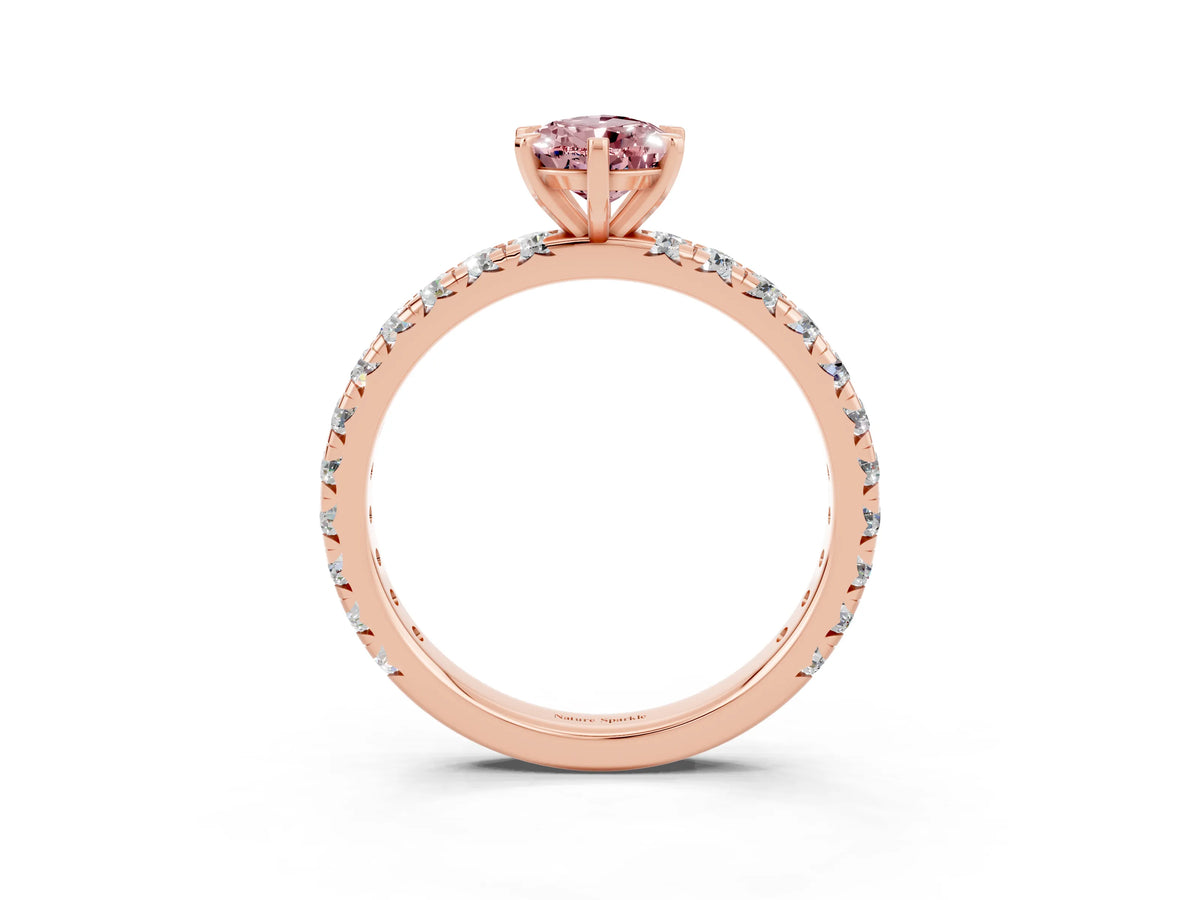 Pear Cut Morganite Pavé Solitaire Ring in Rose gold with Round Pavé Band and Prong Setting_3
