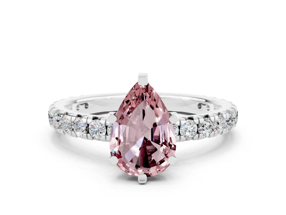 Pear Cut Morganite Pavé Solitaire Ring in Silver with Round Pavé Band and Prong Setting