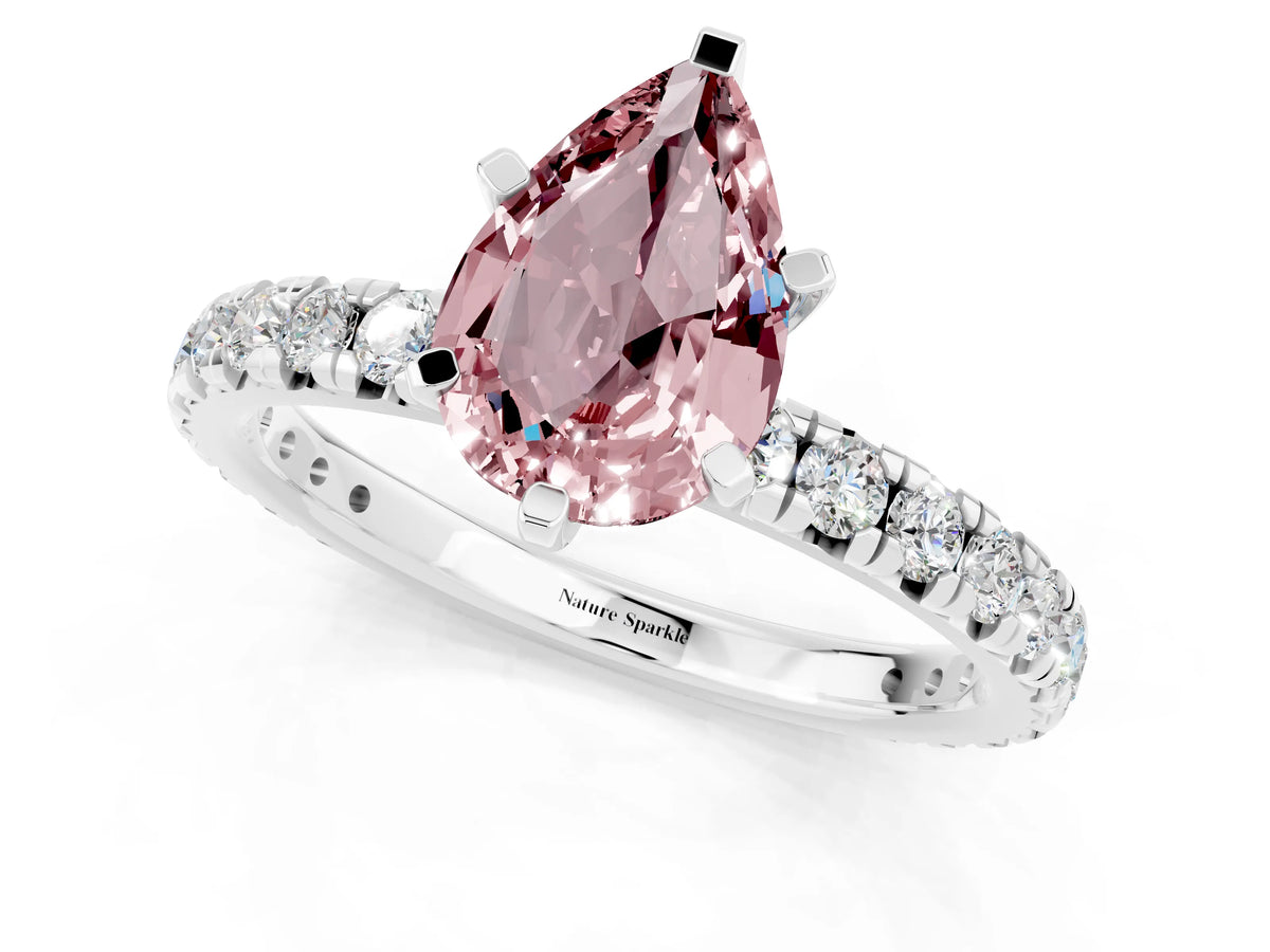 Pear Cut Morganite Pavé Solitaire Ring in Silver with Round Pavé Band and Prong Setting_1