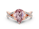Pear Cut Morganite Solitaire Ring in Rose gold with Interwoven Pavé Band and Prong Setting