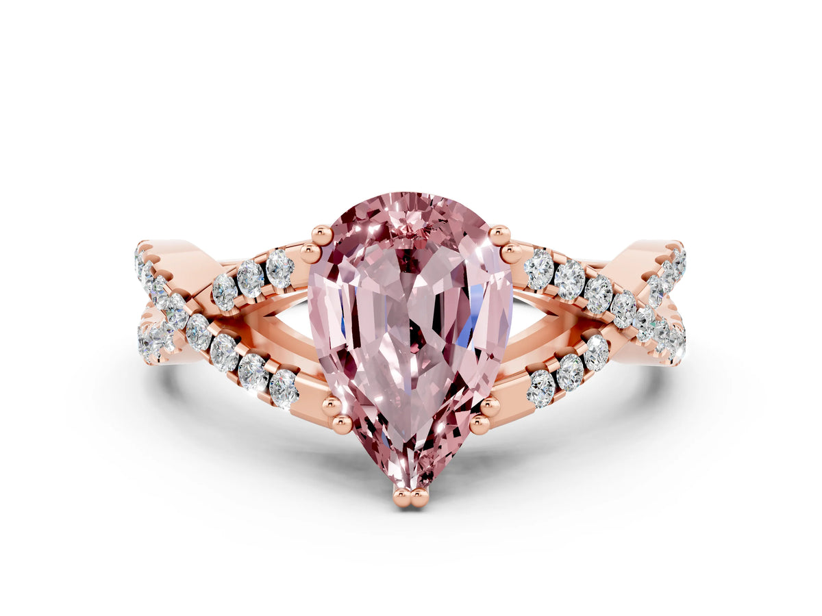 Pear Cut Morganite Solitaire Ring in Rose gold with Interwoven Pavé Band and Prong Setting