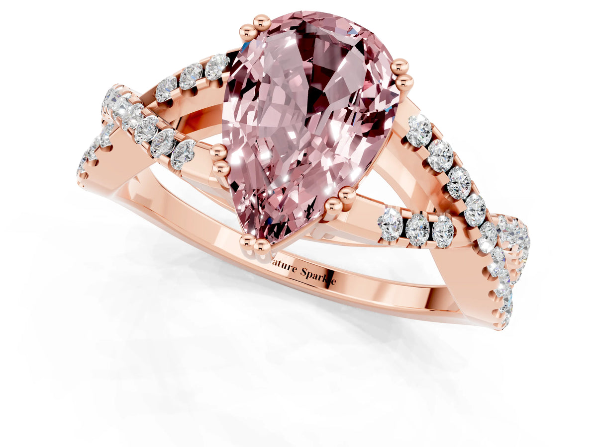 Pear Cut Morganite Solitaire Ring in Rose gold with Interwoven Pavé Band and Prong Setting_1