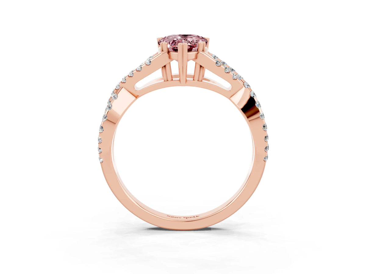 Pear Cut Morganite Solitaire Ring in Rose gold with Interwoven Pavé Band and Prong Setting_3