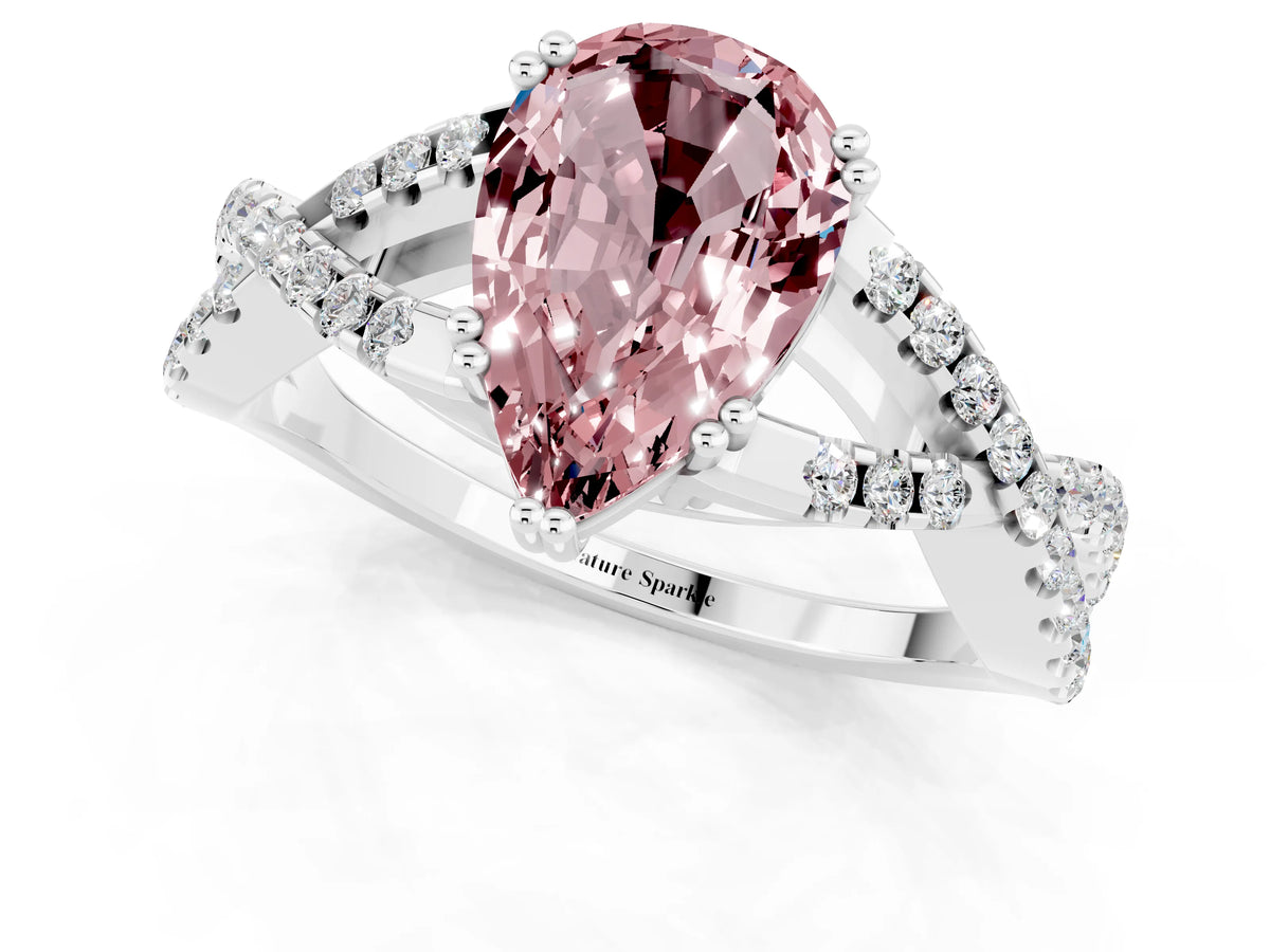 Pear Cut Morganite Solitaire Ring in Silver with Interwoven Pavé Band and Prong Setting_7