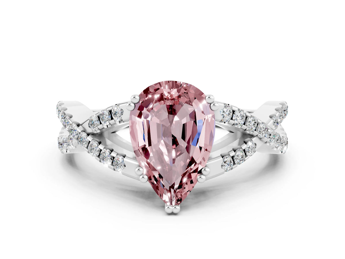 Pear Cut Morganite Solitaire Ring in White gold with Interwoven Pavé Band and Prong Setting