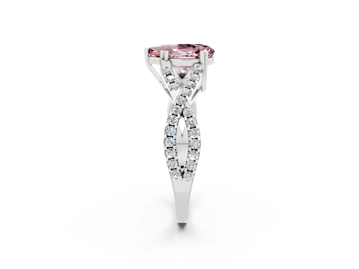 Pear Cut Morganite Solitaire Ring in White gold with Interwoven Pavé Band and Prong Setting_2