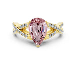 Pear Cut Morganite Solitaire Ring in Yellow gold with Interwoven Pavé Band and Prong Setting
