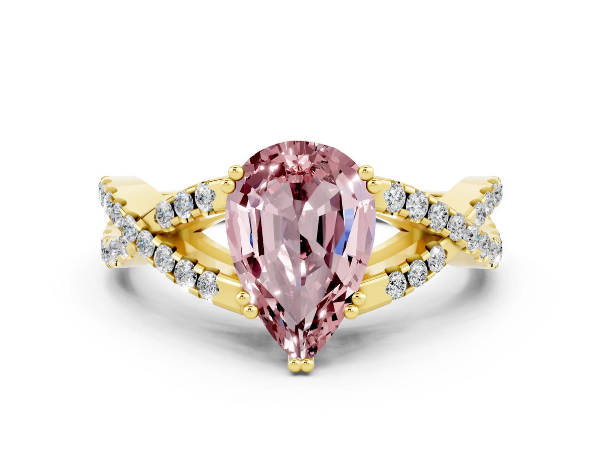Pear Cut Morganite Solitaire Ring in Yellow gold with Interwoven Pavé Band and Prong Setting